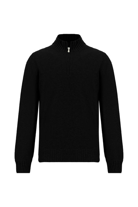 Siyah Yarım Balıkçı Yaka Regular Fit Fermuarlı Kaşmir Triko Kazak