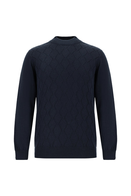 Koyu Lacivert Yarım Balıkçı Yaka Slim Fit Dar Kesim Desenli Pamuklu Kaşmirli Triko Kazak