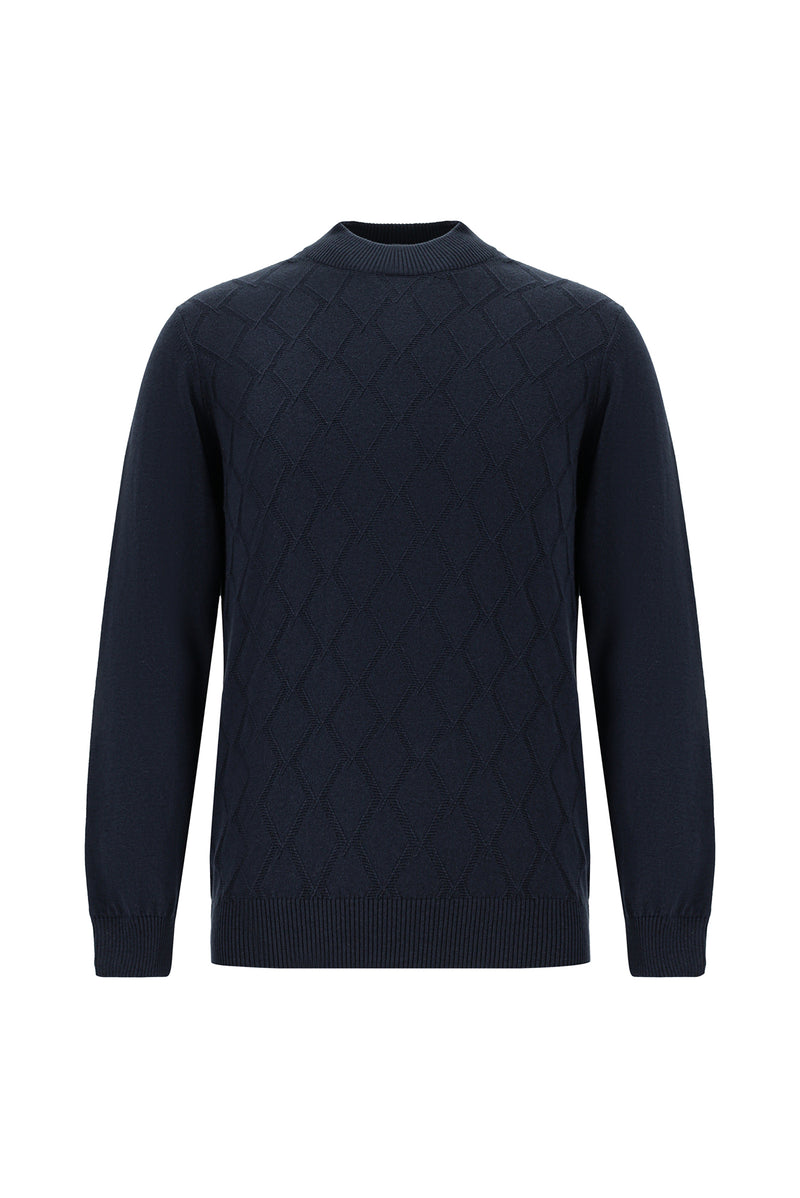 Koyu Lacivert Yarım Balıkçı Yaka Slim Fit Dar Kesim Desenli Pamuklu Kaşmirli Triko Kazak