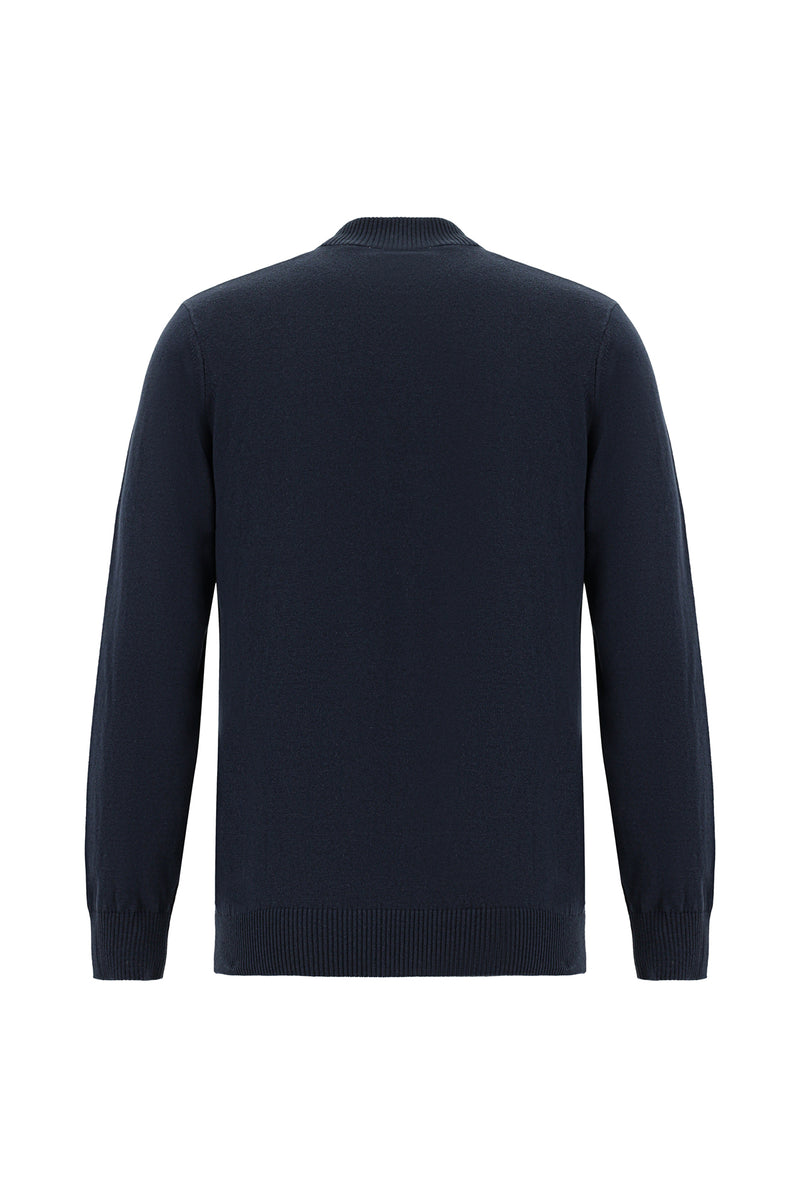 Koyu Lacivert Yarım Balıkçı Yaka Slim Fit Dar Kesim Desenli Pamuklu Kaşmirli Triko Kazak