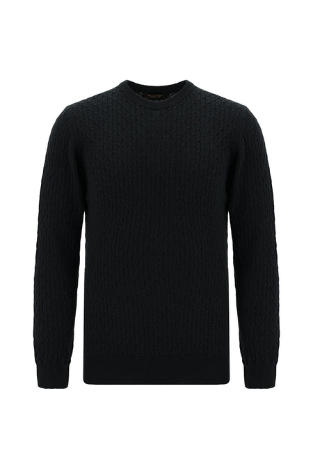Siyah Bisiklet Yaka Slim Fit Dar Kesim Desenli Pamuklu Kaşmirli Triko Kazak