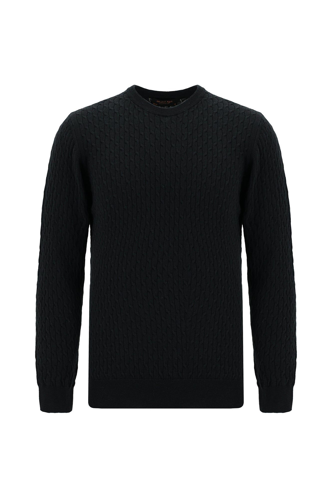 Siyah Bisiklet Yaka Slim Fit Dar Kesim Desenli Pamuklu Kaşmirli Triko Kazak