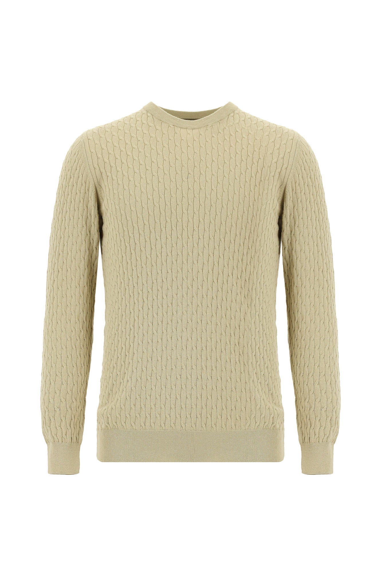 Orta Bej Bisiklet Yaka Slim Fit Dar Kesim Desenli Pamuklu Kaşmirli Triko Kazak