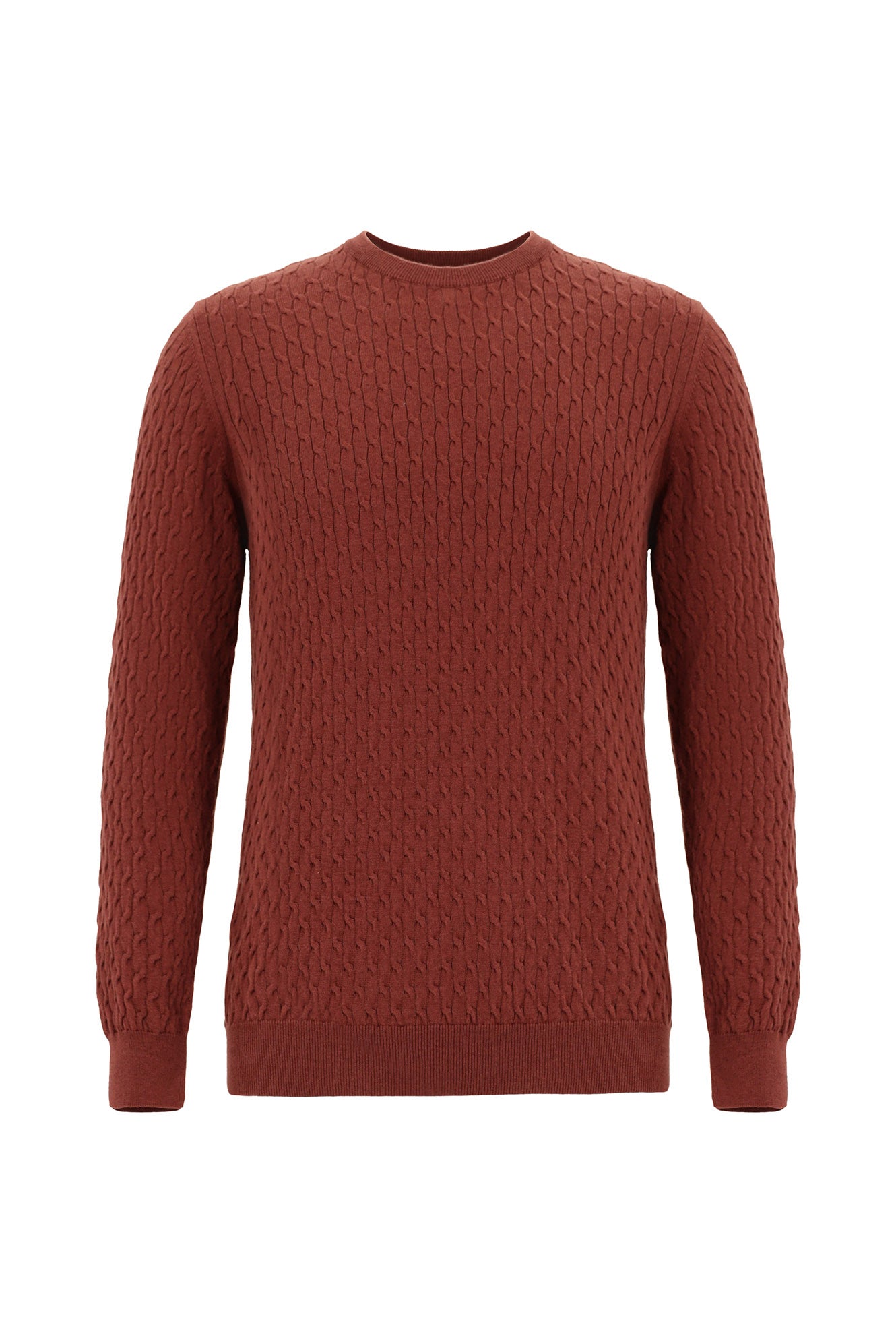 Kiremit Bisiklet Yaka Slim Fit Dar Kesim Desenli Pamuklu Kaşmirli Triko Kazak