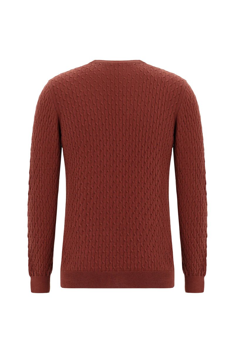 Kiremit Bisiklet Yaka Slim Fit Dar Kesim Desenli Pamuklu Kaşmirli Triko Kazak