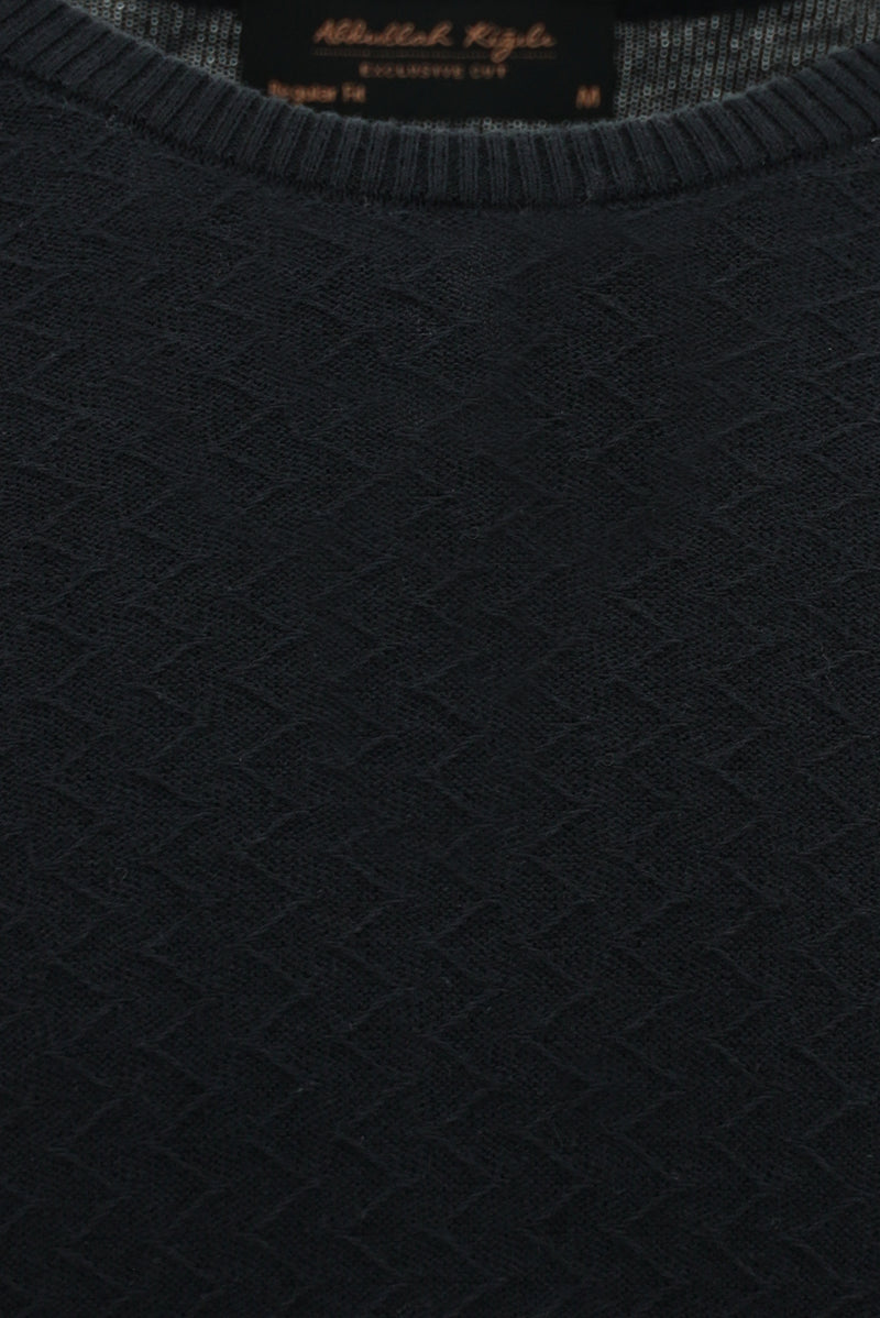 Siyah Bisiklet Yaka Regular Fit Desenli Pamuklu Kaşmirli Triko Kazak