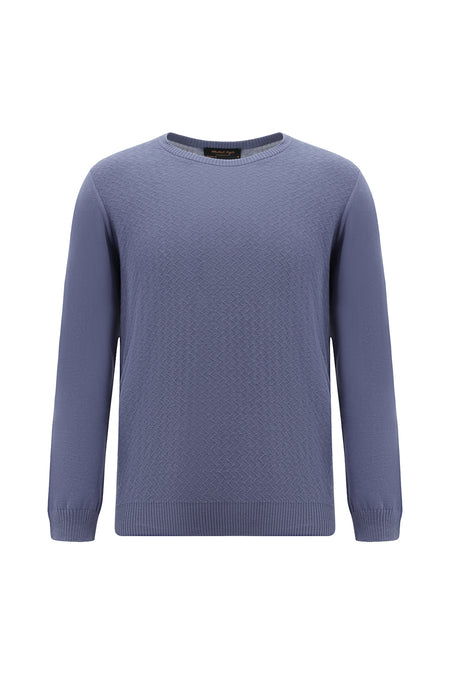 Açık Lacivert Bisiklet Yaka Regular Fit Desenli Pamuklu Kaşmirli Triko Kazak