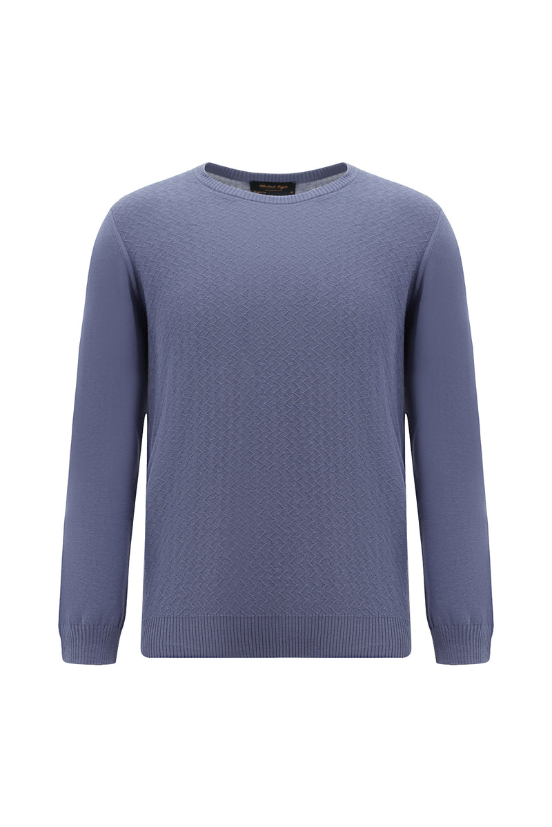 Açık Lacivert Bisiklet Yaka Regular Fit Desenli Pamuklu Kaşmirli Triko Kazak