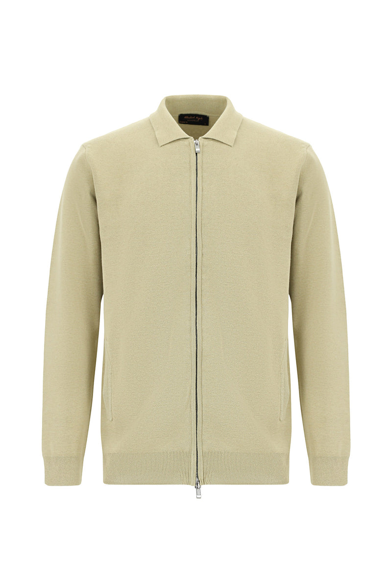 Orta Bej Yünlü Fermuarlı Triko Hırka