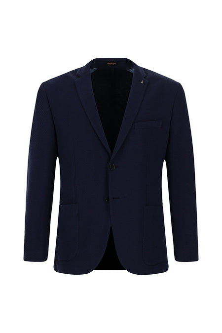Koyu Lacivert Slim Fit Dar Kesim Desenli Örme Pamuklu Ceket