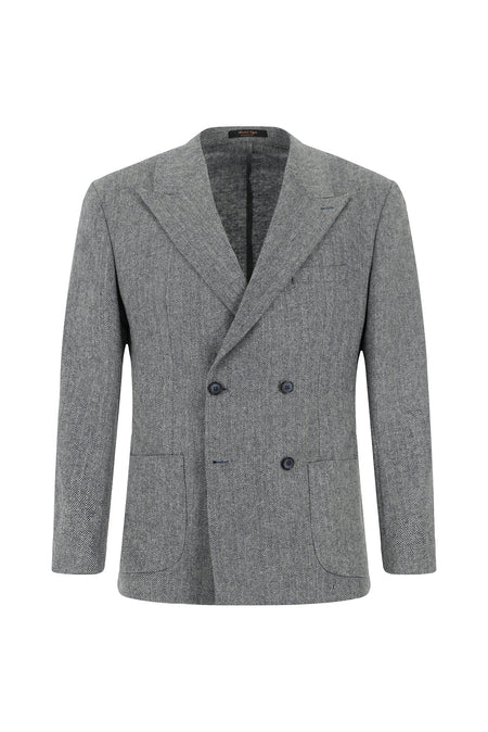 Açık Lacivert Regular Fit Desenli Yünlü Kruvaze Ceket