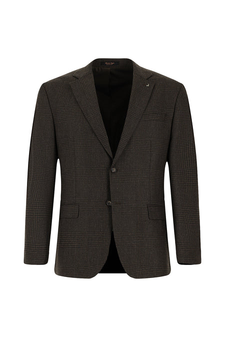 Koyu Kahve Relaxed Fit Rahat Kesim Yünlü Klasik Ekose Ceket