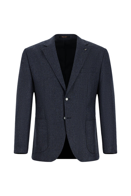 Koyu Lacivert Slim Fit Dar Kesim Desenli Yünlü Ceket