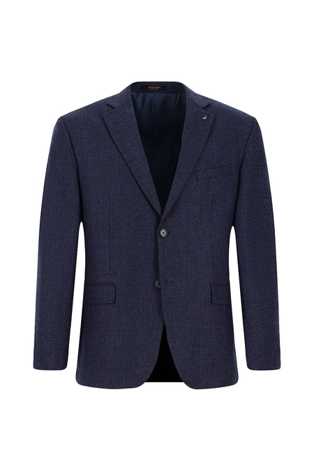 Orta Lacivert Slim Fit Dar Kesim Yünlü Klasik Desenli Ceket