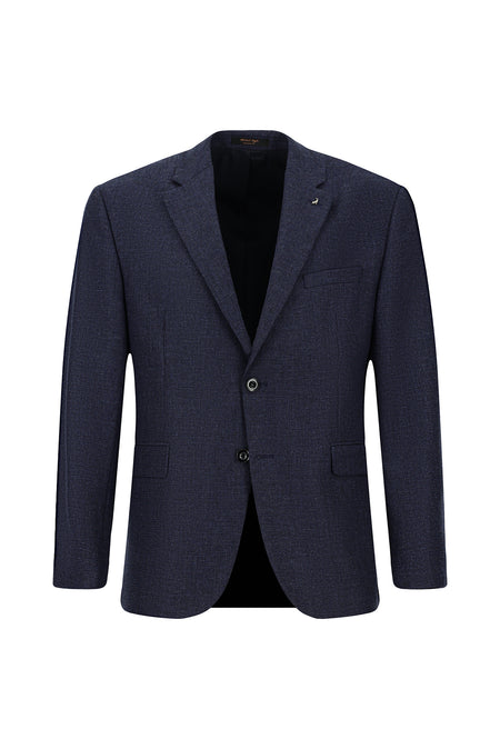 Koyu Lacivert Slim Fit Dar Kesim Desenli Yünlü Klasik Ceket