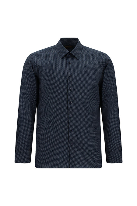 Koyu Lacivert Uzun Kol Slim Fit Dar Kesim Baskılı Pamuk Gömlek