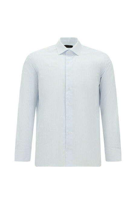 Açık Mavi Uzun Kol Slim Fit Dar Kesim Pamuk Klasik Çizgili Gömlek