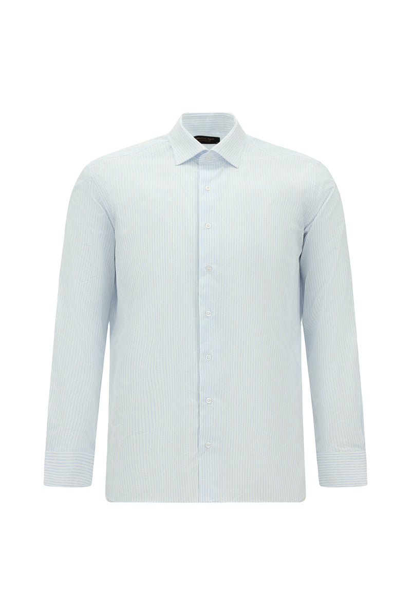 Açık Mavi Uzun Kol Slim Fit Dar Kesim Pamuk Klasik Çizgili Gömlek