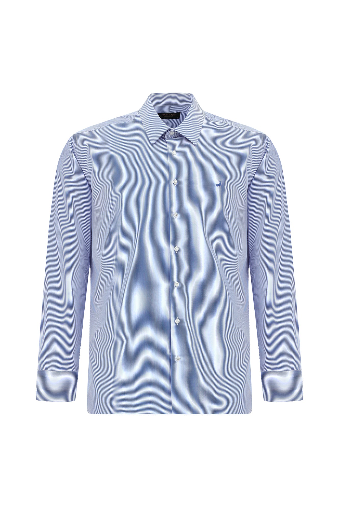 Gök Mavisi Uzun Kol Slim Fit Dar Kesim Pamuk Klasik Çizgili Gömlek