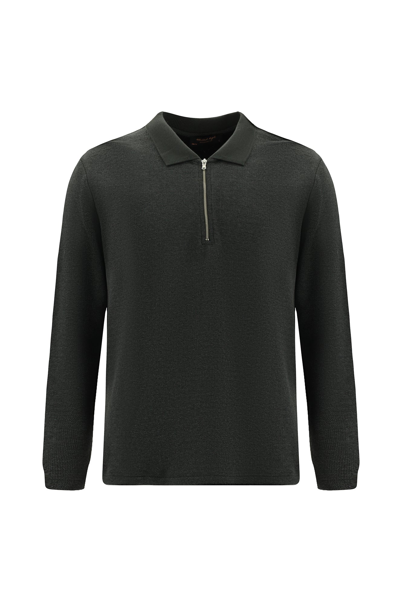 Koyu Antrasit Melanj Polo Yaka Regular Fit Fermuarlı Pamuklu Sweatshirt