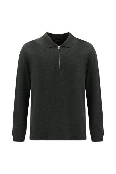 Koyu Antrasit Melanj Polo Yaka Regular Fit Fermuarlı Pamuklu Sweatshirt