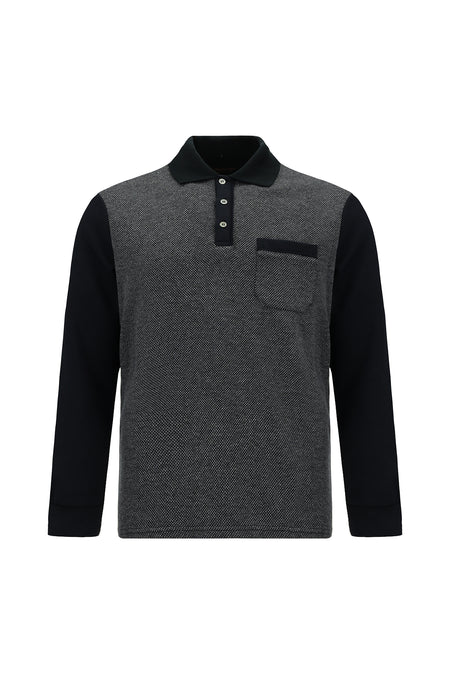 Koyu Lacivert Polo Yaka Regular Fit Desenli Cepli Pamuklu Sweatshirt