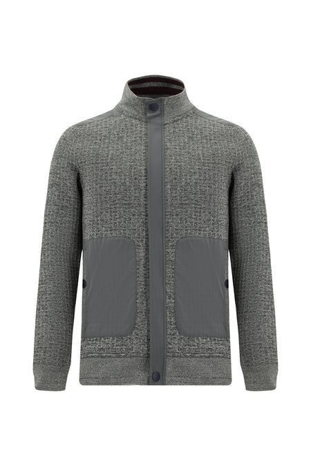 Orta Gri Fermuarlı Desenli Sweat Hırka