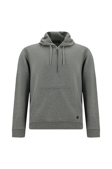 Orta Füme Melanj Kapüşonlu Regular Fit Fermuarlı Desenli Pamuklu Sweatshirt