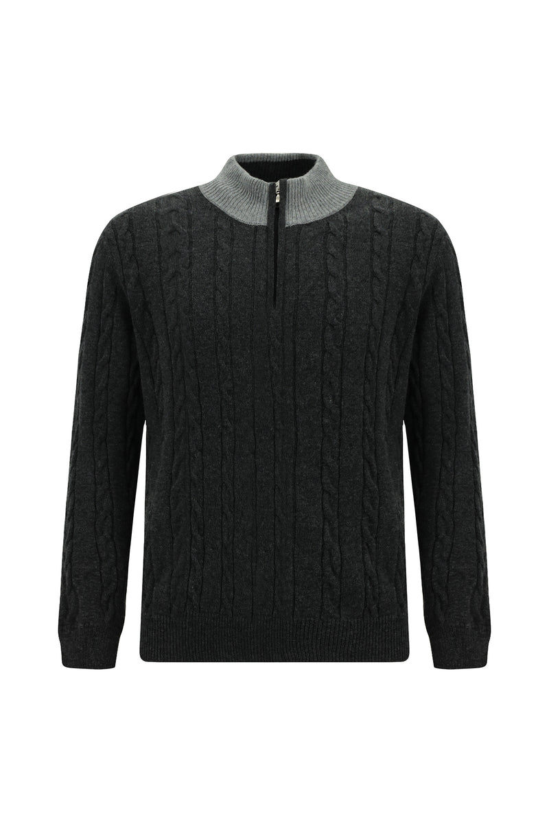 Orta Anrasit Melanj Yarım Balıkçı Yaka Regular Fit Desenli Fermuarlı Kaşmir Triko Kazak
