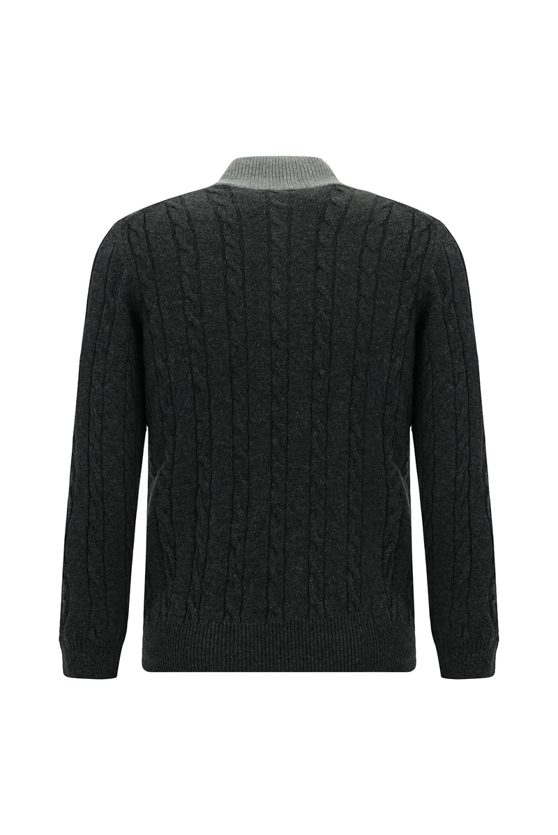 Orta Anrasit Melanj Yarım Balıkçı Yaka Regular Fit Desenli Fermuarlı Kaşmir Triko Kazak