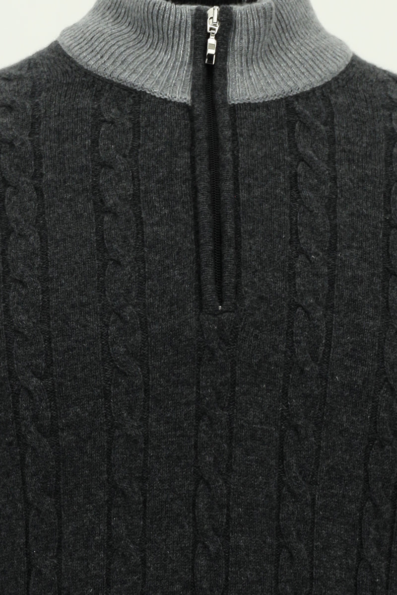 Orta Anrasit Melanj Yarım Balıkçı Yaka Regular Fit Desenli Fermuarlı Kaşmir Triko Kazak