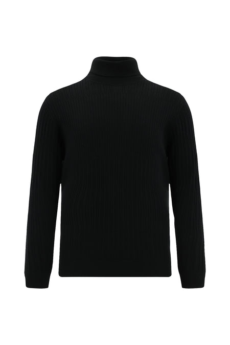 Siyah Balıkçı Yaka Regular Fit Desenli Yünlü Triko Kazak