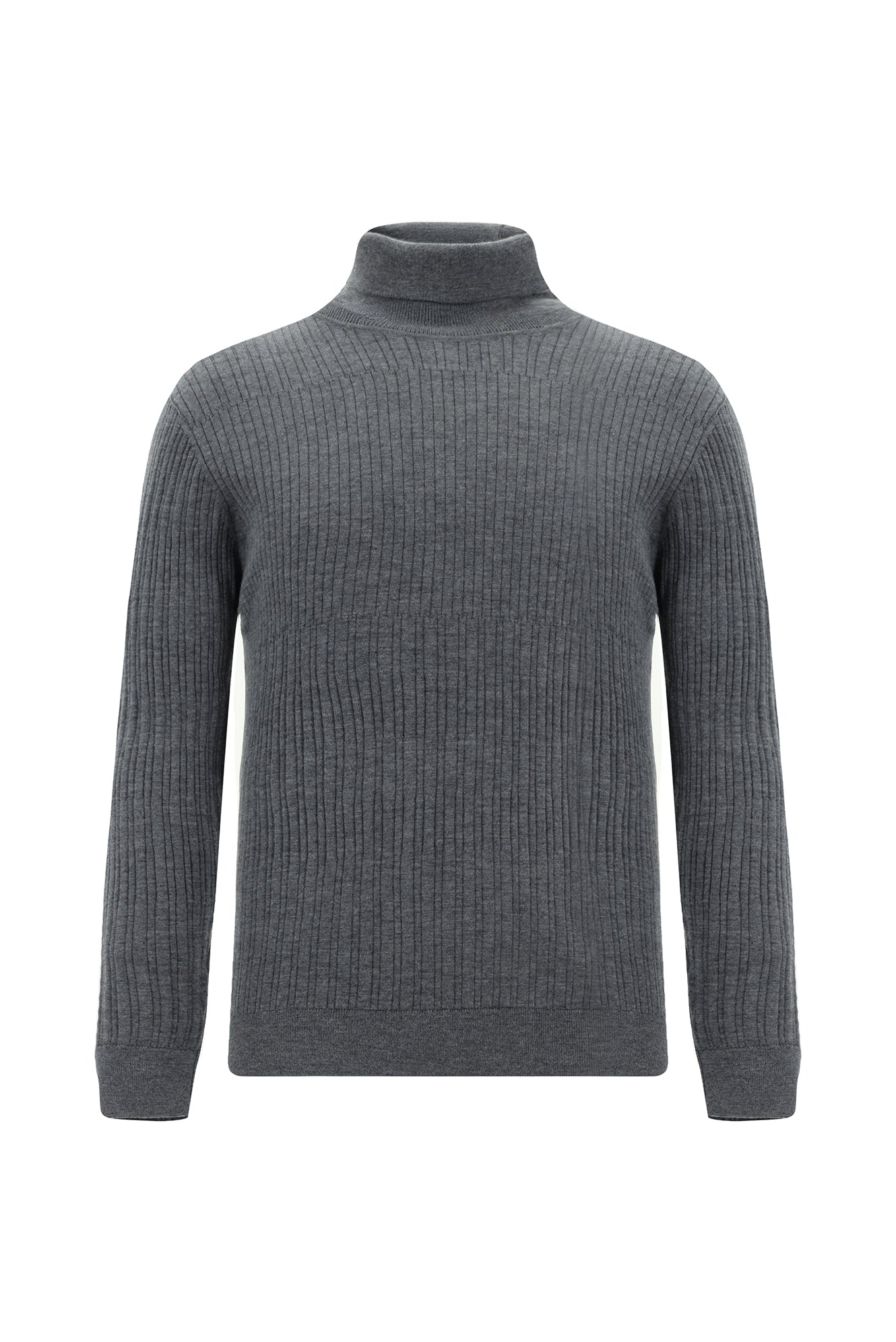 Orta Gri Melanj Balıkçı Yaka Regular Fit Desenli Yünlü Triko Kazak