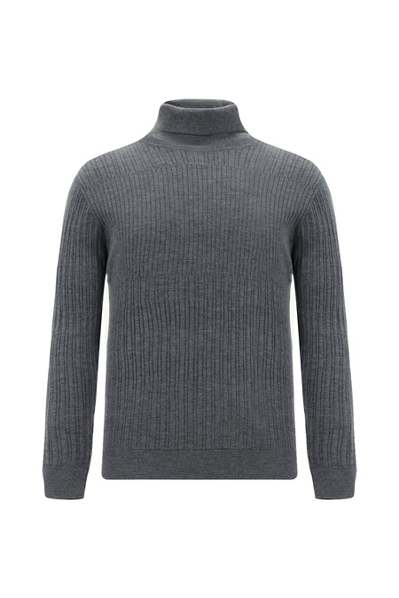 Orta Gri Melanj Balıkçı Yaka Regular Fit Desenli Yünlü Triko Kazak