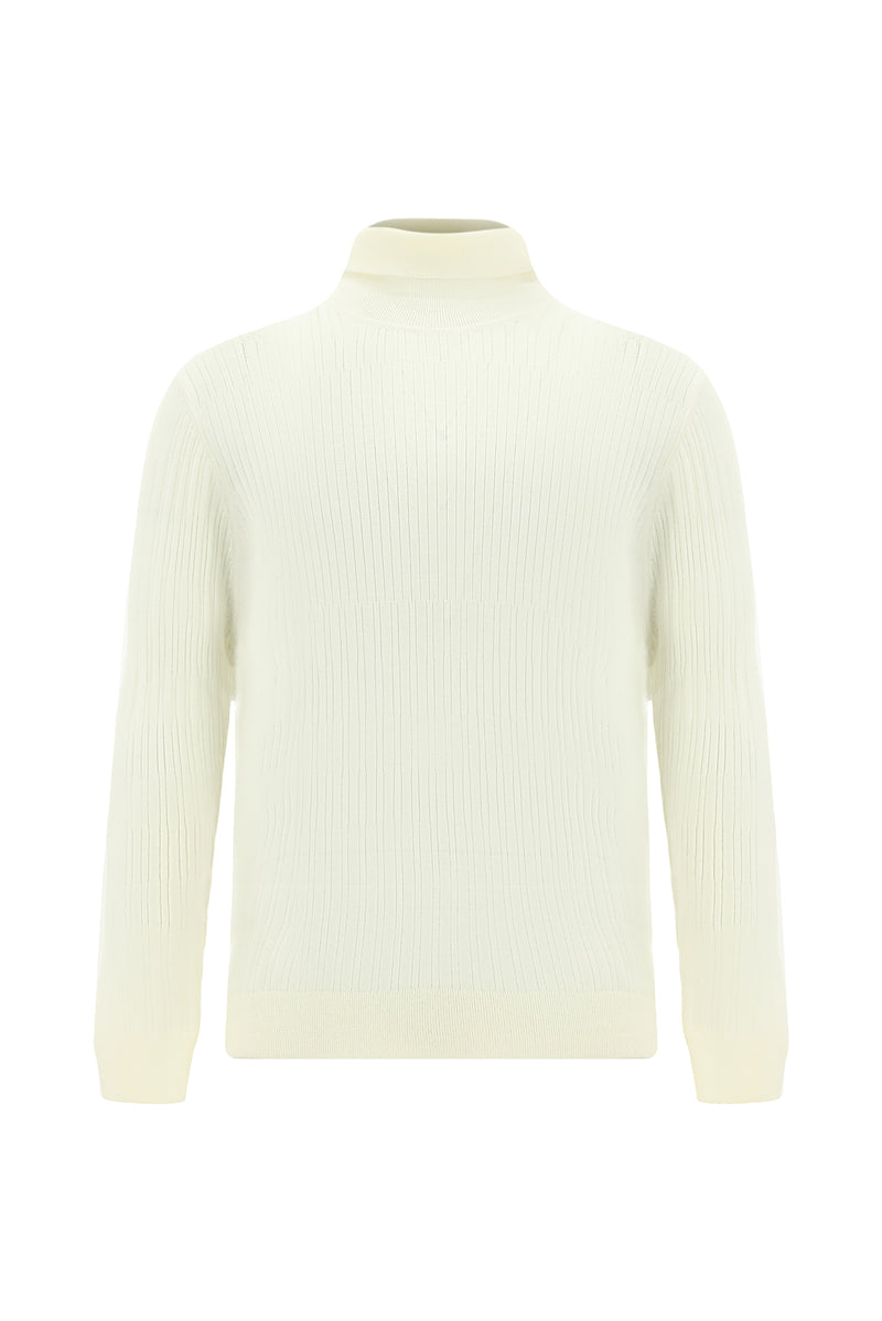 Ekru Balıkçı Yaka Regular Fit Desenli Yünlü Triko Kazak