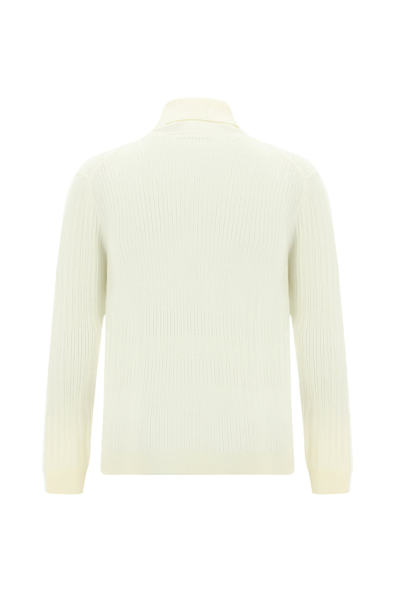 Ekru Balıkçı Yaka Regular Fit Desenli Yünlü Triko Kazak