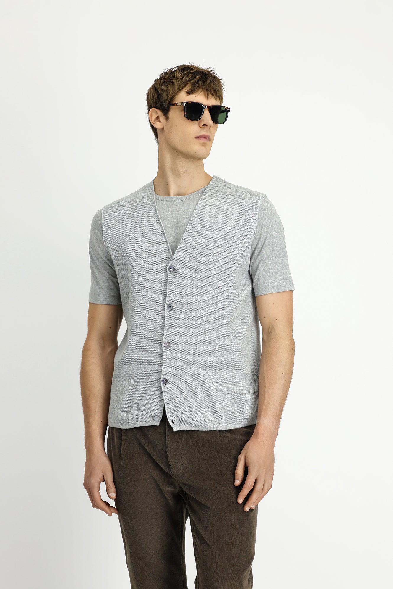 Açık Gri Melanj Desenli Yünlü Triko Yelek