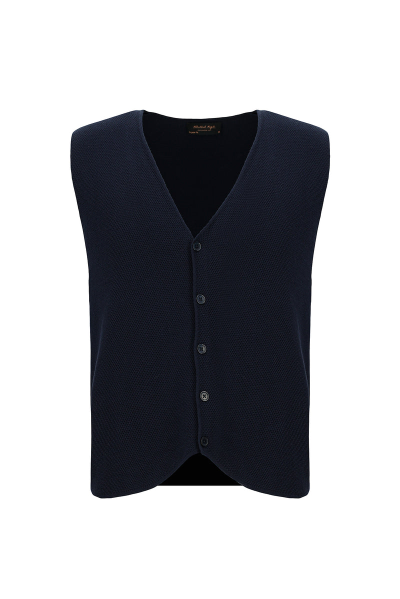 Koyu Lacivert Desenli Yünlü Triko Yelek