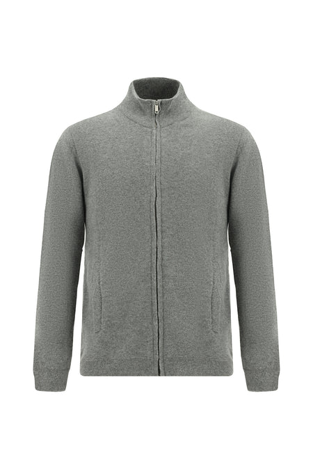 Orta Gri Melanj Desenli Fermuarlı Yünlü Triko Hırka