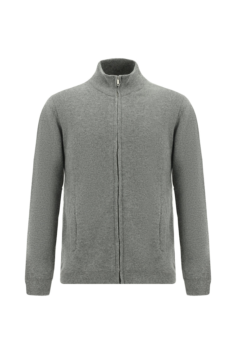 Orta Gri Melanj Desenli Fermuarlı Yünlü Triko Hırka