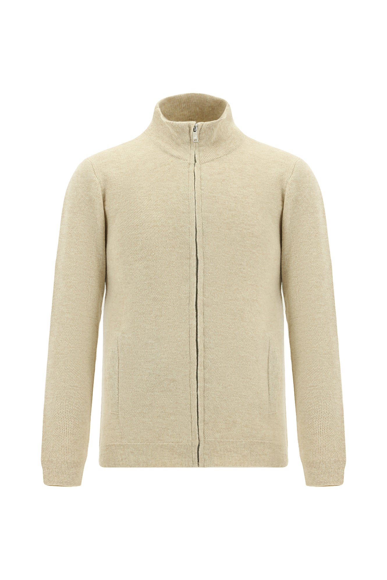 Açık Bej Desenli Fermuarlı Yünlü Triko Hırka