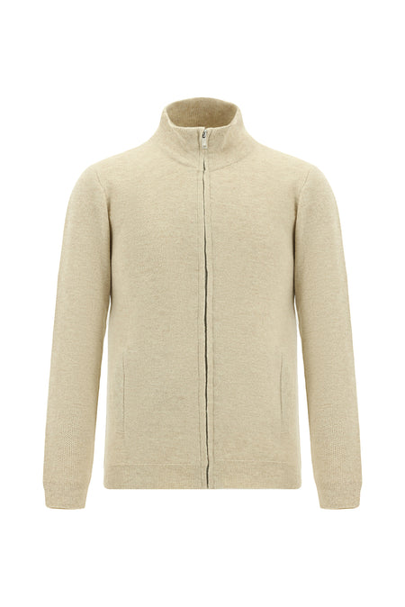 Açık Bej Desenli Fermuarlı Yünlü Triko Hırka