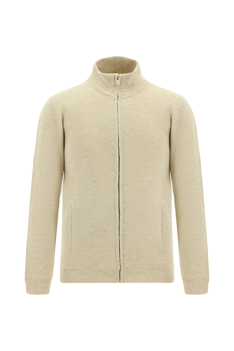 Açık Bej Desenli Fermuarlı Yünlü Triko Hırka