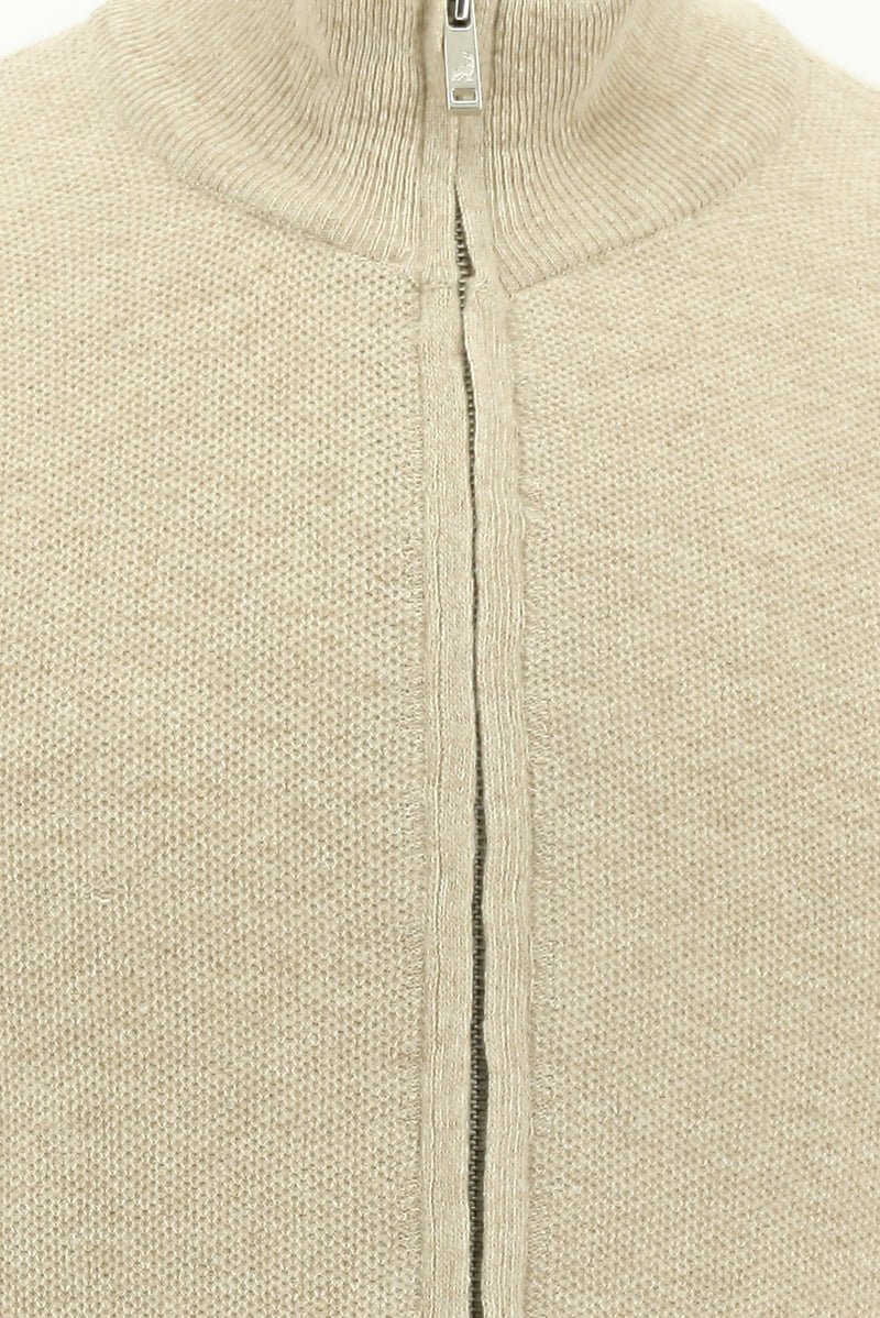 Açık Bej Desenli Fermuarlı Yünlü Triko Hırka