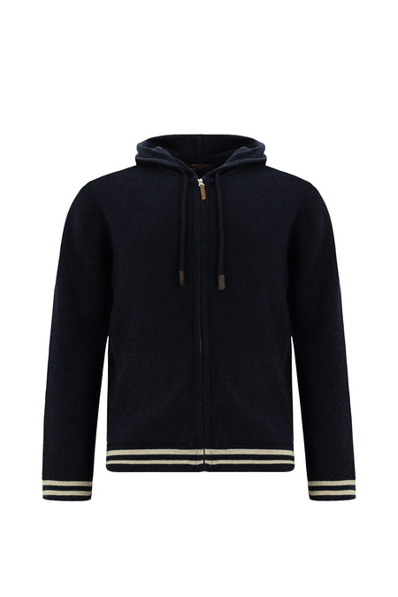 Koyu Lacivert Kapüşonlu Fermuarlı Yünlü Triko Hırka