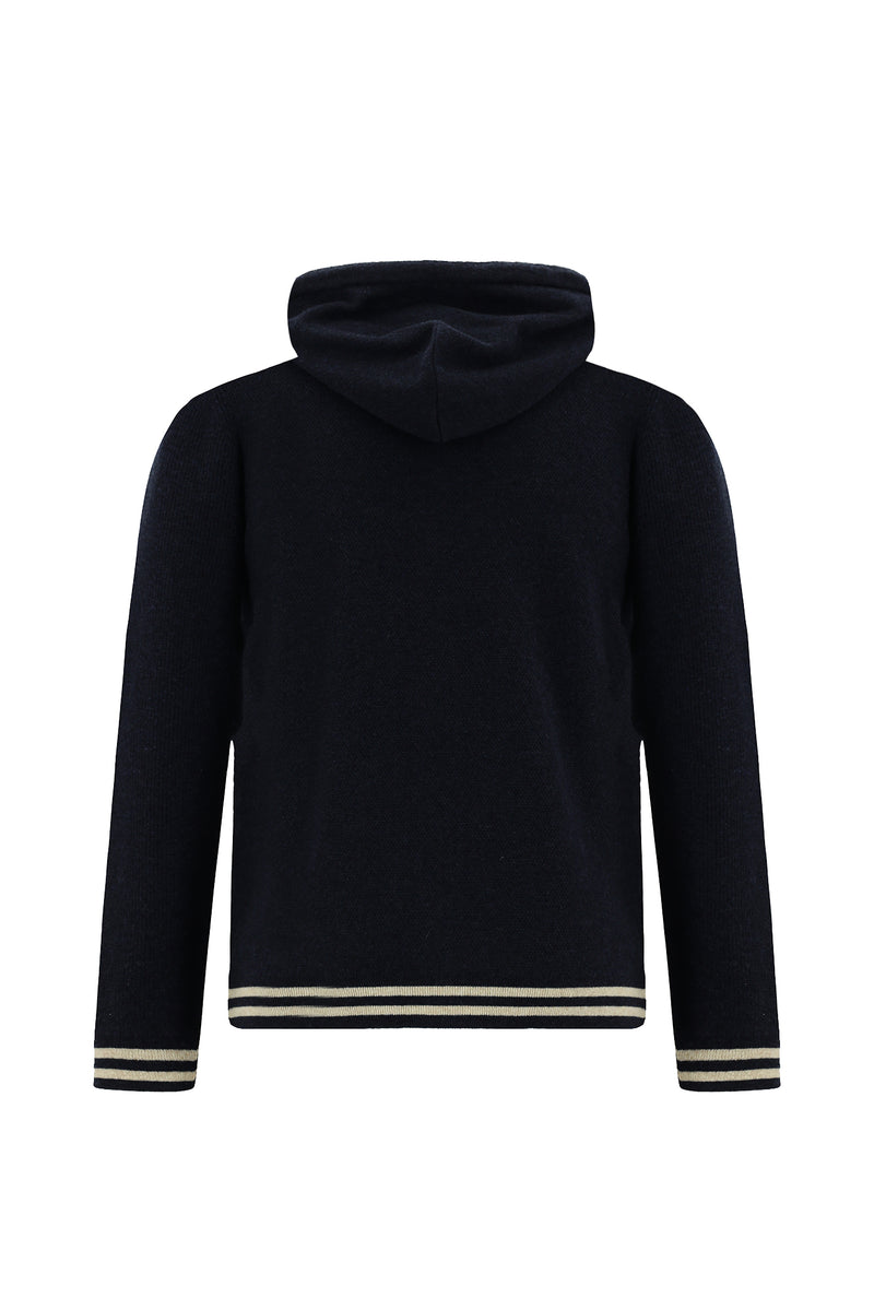 Koyu Lacivert Kapüşonlu Fermuarlı Yünlü Triko Hırka