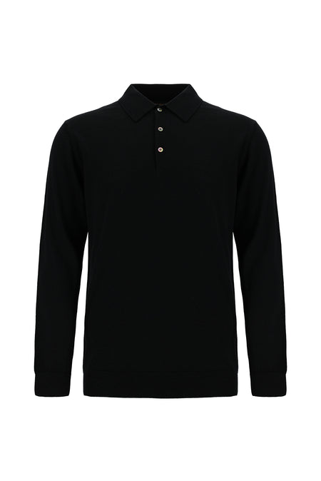 Siyah Polo Yaka Regular Fit Yün Triko Kazak