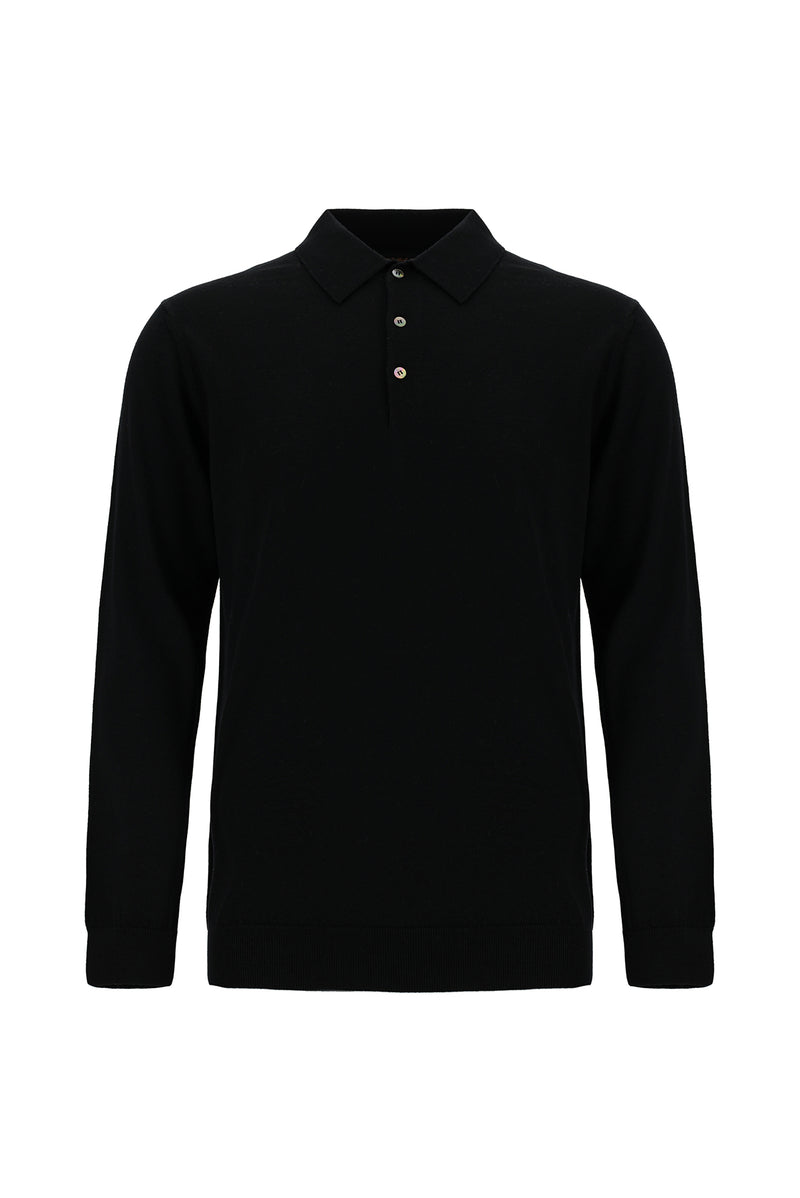 Siyah Polo Yaka Regular Fit Yün Triko Kazak
