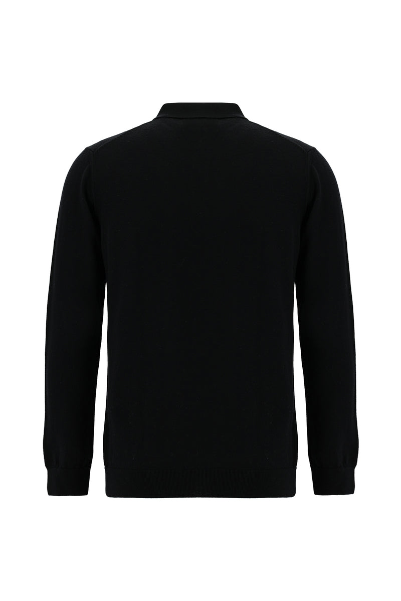 Siyah Polo Yaka Regular Fit Yün Triko Kazak