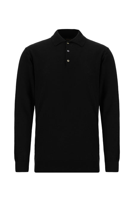 Siyah Polo Yaka Regular Fit Yünlü Kaşmirli Triko Kazak
